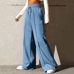 F00209583-202 Solid Denim Bottoms, Baggy High-waist Light Blue Bottoms, Solid Color Denim Straight Leg Bottoms, Straight Leg Denim Bottoms In Solid Color, Casual Wide Leg Sweatpants For Fall, Non-stretch Light Blue Bottoms With Pockets, Baggy Full-length Denim Blue Pants, Baggy Denim Blue Cargo Pants, Light Blue Relaxed Fit Bottoms For Fall