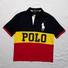 New Without Tags. Navy Blue, Yellow, And Red. 20" Pit To Pit 40" Chest 24" Length 9 1/8" Sleeve Length Black Color Block Polo Collar Top, Multicolor Collared Top With Color Matching, Black Collared Tops With Contrast Stripes, Fitted Multicolor Contrast Color Top, Fitted Multicolor Contrast Top, Black Polo Collar Top With Patchwork, Fitted Color Block Polo Shirt, Fitted Polo Collar Top With Contrast Color, Navy Color Block Collared Top