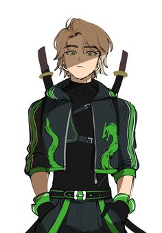 an anime character with green eyes and black clothes, holding two swords in his hands