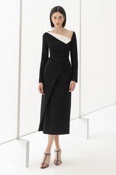 Wendy Sheath Asymmetric Neck Polycotton Midi Dress | MEAN BLVD Elegant Long Sleeve Asymmetrical Dress For Work, Elegant Black Asymmetrical Long Sleeve Dress, Elegant Black Long Sleeve Asymmetrical Dress, Modern Asymmetrical Dress For Spring Formal, Elegant Asymmetrical Midi Dress For Work, Elegant Asymmetrical Workwear Dresses, Elegant Midi Dress With Asymmetrical Skirt For Formal Occasions, Modern Asymmetrical One Shoulder Evening Dress, Elegant Formal Midi Dress With Asymmetrical Skirt