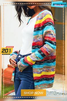 Plus Size Long Sleeve Casual Striped Sweater Coat Casual Multicolor Outerwear For Spring, Casual Multicolor Spring Outerwear, Multicolor Casual Spring Outerwear, Multicolor Long Sleeve Outerwear For Cold Weather, Multicolor Long Sleeve Outerwear For Spring, Casual Multicolor Long Sleeve Cardigan, Trendy Multicolor Outerwear For Fall, Trendy Multicolor Fall Outerwear, Casual Multicolor Winter Cardigan