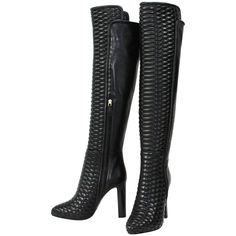 New Roberto Cavalli Textured Black Leather Boots Italian size 37 - US 7 Over-the-knee Style Textured Leather Gold-tone hardware Heel height - 4 inches, Hidden Platform Total Height from the Floor - 24" front, 22" back. Leather Lining, Leather Sole. Zip closure at Side. Made in Italy Retail $2200.00 New with box. Luxury Brown Cap Toe Moto Boots, Luxury High-top Lace-up Boots With Stitched Sole, Luxury Leather Sole Snip Toe Boots, Luxury Leather Heeled Boots With Vibram Sole, Designer Suede Boots Luxury, Luxury Calf Leather Cap Toe Lace-up Boots, Luxury Black Heeled Boots With Snip Toe, Luxury Leather Closed Toe Moto Boots, Luxury Plain Toe Moto Boots For Winter