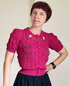 "PLEASE READ THE DESCRIPTION CAREFULLY TO AVOID CONFUSION! IMPORTANT INFORMATION ON DEADLINES! I am currently booked until the end of February 2025. If you order now, your blouse will be ready by the end of March 2025. This is a reproduction of a 1930s knitted blouse from titled \"Crocus Pattern Is Something Fresh!\" Its front, back and sleeves are knitted in a unique lace pattern that resembles crocus flowers. The sleeves are gathered at the top for an iconic 1930s short puffed sleeve. It has a Crocus Flowers, Crocus Flower, Knitted Blouse, Knitted Lace, Crochet Buttons, Vintage Spring, Spring Wardrobe, Vintage Buttons, Lace Pattern