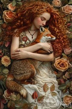 a painting of a woman with red hair holding a fox in her arms, surrounded by roses