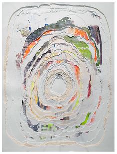 an abstract painting with many different colors and shapes in it's center, on a white background