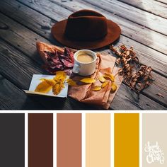 the color palette is brown, yellow and orange with some autumn leaves on top of it