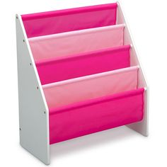 a pink and white shelf with three bins on each side, for storing books