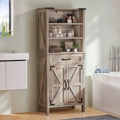 a bathroom with a wooden cabinet and bathtub