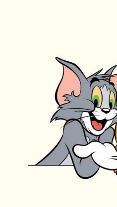 an image of a cartoon character holding onto a sign with the word tom and jerry on it