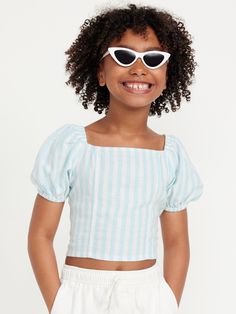 square neckline puff sleeves smocked back slightly cropped all-over pattern fitted hits at waistmachine wash according to the care instruction label People Clothes, Old Navy Shorts, Square Neckline, Summer Sale, Toddler Boys, Puff Sleeves, Shirts For Girls, Linen Blend