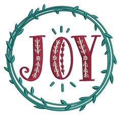 the word joy is surrounded by branches and leaves in a circle with an inscription that reads joy