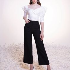 Beautiful, Chic White Top And Black Kaki Pant Brand New With Tag High Quality Fabric Size M (Fits Like Us Small) White Ankle-length Pants For Evening, White Ankle-length Evening Pants, White Ankle-length Evening Bottoms, Soft Gamine, White Floral Top, Dressy Blouse, Long Sleeve Floral Top, Sheer Shorts, Leopard Print Top