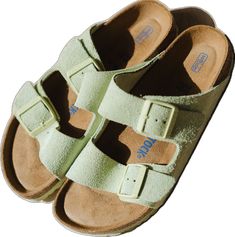 Casual Green Slip-on Slides, Trendy Slides For Spring Leisure, Trendy Slides For Leisure In Spring, Casual Green Leather Slides, Comfortable Green Sandals, Comfortable Green Slides With Textured Footbed, Casual Slides With Leather Footbed, Comfortable Slides For Leisure In Spring, Summer Suede Slides With Leather Footbed