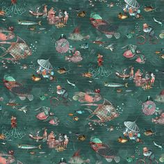 a green background with many different types of sea animals and fish on it's surface