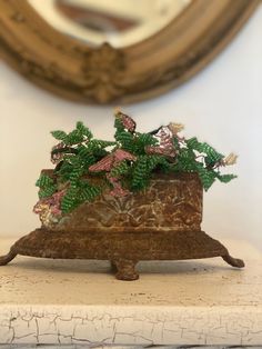 a potted plant sitting on top of a wooden table next to a mirror and wall