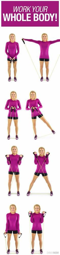 a woman doing exercises with the help of an exercise band for her legs and arms