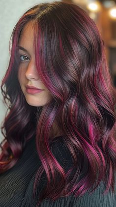 25 Dark Brown Hair Color Ideas: Transform Your Tresses with These Inspirational Shades Dark Brown Hair With Red Tint Purple Caramel Highlights, Burgundy Hair With Lowlights, Berry Highlights Brown Hair, Purple And Red Hair Color, Brown And Magenta Hair, Dark Brown Hair With Burgundy, Brown And Red Hair Color, Dark Brown Hair Pink Highlights, Dark Hair Pink Highlights