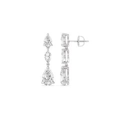 This pair is just what you need to bring a classy, formal look together. These ear danglers feature a pear-cut diamond on a push-back post. Gently "dropping" from it is a gorgeous marquise diamond followed by a slightly bigger pear diamond. With these earrings' linear design and subtle movement, you can effortlessly add interest and personality to your outfit. Modern Pear-shaped Earrings For Wedding, Elegant Pear-shaped Chandelier Earrings For Formal Occasions, Modern Pear-shaped Earrings For Anniversary, Classic Pear-shaped Chandelier Earrings For Anniversary, Modern Pear-shaped Earrings For Formal Occasions, Modern Pear-shaped Formal Earrings, Classic Teardrop Chandelier Earrings For Formal Occasions, Classic Formal Chandelier Earrings, Formal Pear-shaped Teardrop Earrings With Prong Setting