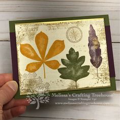 a hand holding up a card with leaves on it and the words, melsia's crafting technique