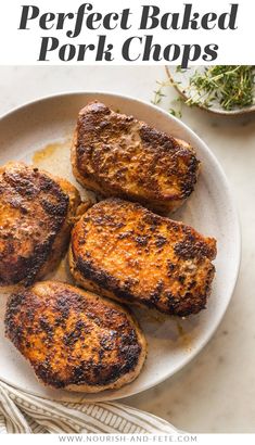 grilled pork chops on a plate with text overlay reading 5 minutes prep baked boneless pork chops