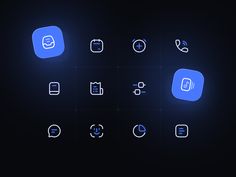 a set of blue and white icons on a black background, including an app icon