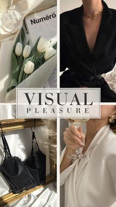 a collage of photos with white flowers and wine glasses