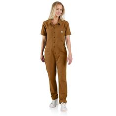 Women's Short-Sleeve Coverall - Relaxed Fit - Rugged Flex® - Canvas | Women's Cotton Duck & Canvas Outerwear Utility Solid Overalls With Pockets, Utility Overalls With Pockets, Relaxed Fit Short Sleeve Overalls With Pockets, Relaxed Fit Solid Overalls With Side Pockets, Utility Workwear Jumpsuits And Rompers With Multiple Pockets, Utility Jumpsuits And Rompers With Multiple Pockets For Work, Utility Short Sleeve Overalls For Workwear, Utility Style Short Sleeve Overalls For Workwear, Utility Relaxed Fit Overalls For Workwear