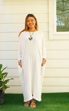 * Bohemian Style Dress  * One Size Fits Most (US Women's S-XL) * Organic Double Gauzed Cotton * 2 Side Pockets * Bust up to 50" * Length 48" *  Coconut Button for Back Closure * Suitable for any occasion * Great gift for yourself or your loved ones Bohemian Cotton Maxi Dress With Relaxed Fit, Bohemian Linen Dress With Relaxed Fit For Daywear, Long Sleeve Cotton Dress For Beach Cover-up, Bohemian Cotton Dress With Relaxed Fit, Casual Cotton Gauze Long Sleeve Dress, Casual Long-sleeved Cotton Gauze Dress, Casual Long Sleeve Cotton Gauze Dress, White Bohemian Dress With Natural Dye, Flowy Cotton Boho Dress For Beach Cover-up