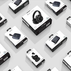 an assortment of wireless headphones in boxes