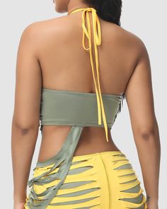 Details: Halter top with rip-off details and stripes designTop Length: CroppedSleeve Length: SleevelessMaterials: 95% Polyester + 5% Spandex Stripes Top, Pink Brown, Stripes Design, Halter Top, Shoe Laces, Shirts Tops, Blue Green, Tops Designs, Stripes