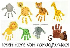 there are many handprints made to look like animals and giraffes