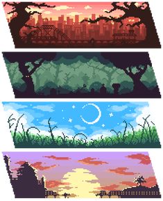 four different pixel art styles with trees and buildings in the background