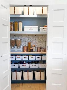 an organized pantry with baskets and containers