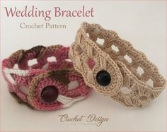 two crocheted bracelets with buttons on them