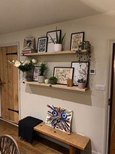 a wooden bench sitting in front of a wall with pictures on it and plants growing out of the shelves