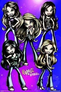 the bratz girls from bratz dolls are shown in this cartoon style poster, which is