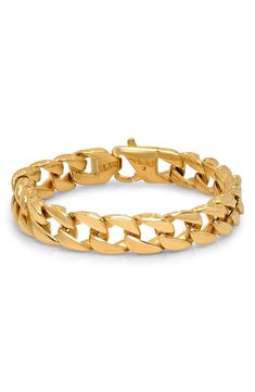 A heavy curb chain bracelet is cast in durable yellow gold plated stainless steel. 18K yellow gold plated stainless steel curb chain bracelet. Lobster clasp. Approx. 8.5" L x 0.4" W. Imported Gold Plated Cuban Link Jewelry With Solid Construction, Gold-plated Cuban Link Jewelry With Solid Construction, Tarnish Resistant Gold Plated Cuban Link Bracelet, Gold Luxury Curb Chain Bracelet, Yellow Gold-plated Cuban Link Bracelet, Gold-plated Tarnish-resistant Cuban Link Bracelet, Gold Metal Cuban Link Bracelet, Tarnish Resistant Cuban Link Gold Plated Bracelet, Gold Curb Chain Link Bracelets