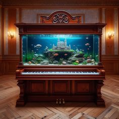 an aquarium in the middle of a wooden floor