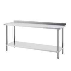 a stainless steel table with two shelves on one side and an undershel for storage