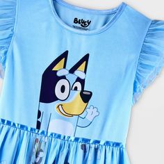 Your kiddo will love lounging on their bed in this Bluey Dress-Up Nightgown. Designed in a blue hue, this nightgown features a graphic of Bluey on the bodice with an allover print on the skirt for a fan-favorite look. Made from lightweight fabric, this nightgown offers them all-night comfort, while the cap sleeves with ruffles and sheer mesh overlay lend it an extra sweet flair. Playful Blue Sleepwear For Spring, Cute Light Blue Sleepwear For Sleepover, Blue Fun Sleepwear, Fun Blue Sleepwear, Blue Fun Sleepwear For Sleepover, Fun Blue Sleepwear For Sleepover, Fun Blue Sleepwear For Pajama Party, Cute Character Print Dress For Sleepover, Blue Fun Cartoon Print Sleepwear