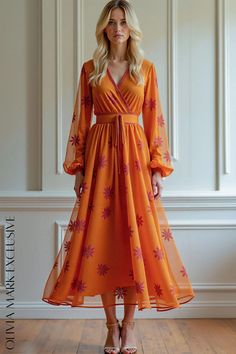 Olivia Mark - Elegant Vibrant Orange Midi Dress with Purple Floral Embroidery Orange Midi Dress, Elegant Embroidery, Bridesmaids Dresses, Vibrant Orange, Cinched Waist, Purple Floral, Olivia Mark, Golden Hour, Burnt Orange