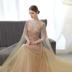 Champagne Evening Dress, Beaded Formal Dress, Gold Evening Dresses, A Line Evening Dress, Long Evening Dress, Extra Long Sleeves, Prom Dresses Long With Sleeves, Formal Dresses For Women, Dress Shoes Womens