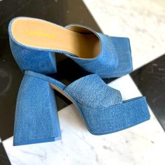 Brand New Denim With Original Packaging: Platform Chunky Heels Mules Sandal Miss Lola Shoes In Sz 7 Women Never Worn, No Damages, Perfect Condition Denim Blue Platform Sandals For Spring, Blue Chunky Platform Heels For Spring, Summer Denim Heels With Open Heel, Chic Denim Heels With Block Heel, Chic Denim Block Heel Heels, Summer Denim Open Heel Heels, Chic Denim Block Heel Shoes, Chic Denim Block Heel, Denim High Heel Platform Sandals