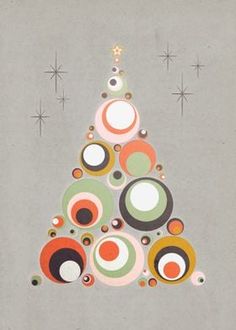 a christmas tree made out of circles and stars on a gray background with the words happy new year written below it