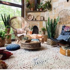 a living room filled with lots of plants and furniture