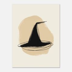 a black and white drawing of a witches hat on a beige background with an orange circle