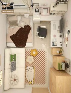 an overhead view of a small bedroom