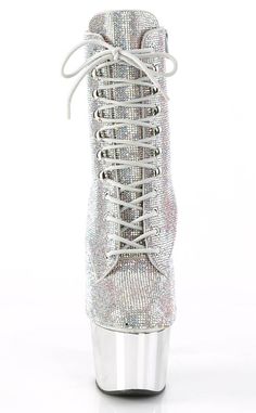 These babies are totally extra! The upper is totally embellished with silver rhinestones that glitter above a matching silver chrome platform and heel. These boots secure with a lace-up front and side zip.HEEL/PLATFORM : 7" Heel, 2 3/4" PFFIT GUIDE : True to sizeVEGAN : YesSIZE: US women's sizing Pole Dance Fitness, Platform Heels Boots, Pleaser Shoes, Dance Fitness, Silver Chrome, Heels Boots, Pole Dance, Silver Rhinestone, Pole Dancing