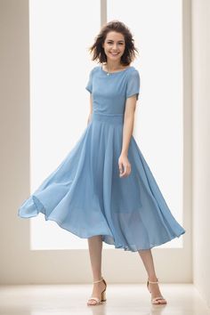 Blue A-line Chiffon Dress For Summer, Spring A-line Chiffon Dress For Wedding Guest, Fitted Chiffon Midi Dress For Bridesmaids, Flowy A-line Chiffon Bridesmaid Dress, Spring Wedding Guest A-line Chiffon Dress, Flowy Light Blue Chiffon Maxi Dress, Blue Chiffon A-line Maxi Dress, Fitted Midi-length Chiffon Bridesmaid Dress, Chiffon Midi Dress For Wedding