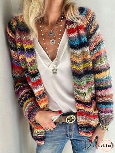 Casual Chique Stijl, Bekväma Outfits, Rainbow Cardigan, Loose Coats, Mohair Cardigan, Casual Stripes, Knitting Women Sweater, Striped Cardigan, Color Stripes